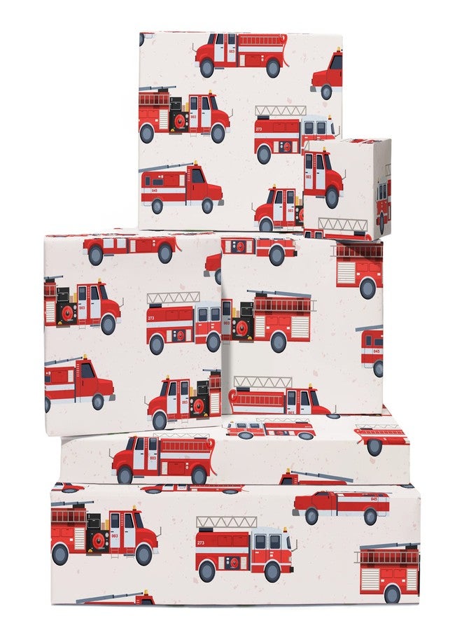 CENTRAL 23 Wrapping Paper For Boys - 6 Sheets Of Fun Birthday Gift Wrap - Fire Engine - Truck - Kids Wrapping Paper - Comes With Cute Stickers - Recyclable Christmas Wrapping Paper - Red White - Image 1